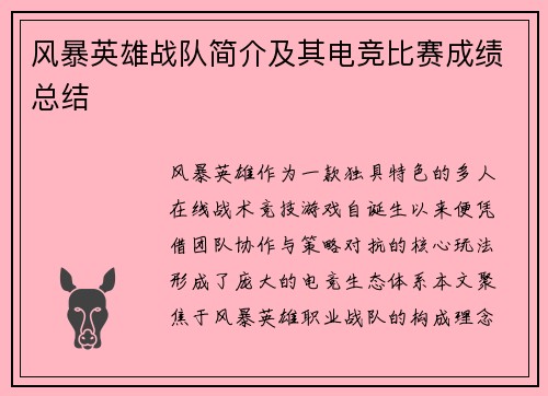 风暴英雄战队简介及其电竞比赛成绩总结