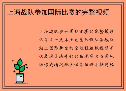 上海战队参加国际比赛的完整视频